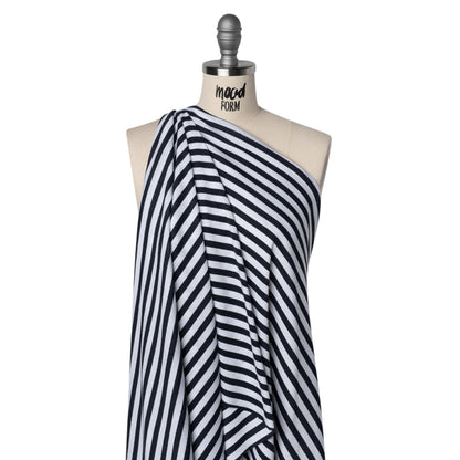 Cotton and Polyester 1x1 Rib Knit - Navy Blue and White Stripes - Deadstock