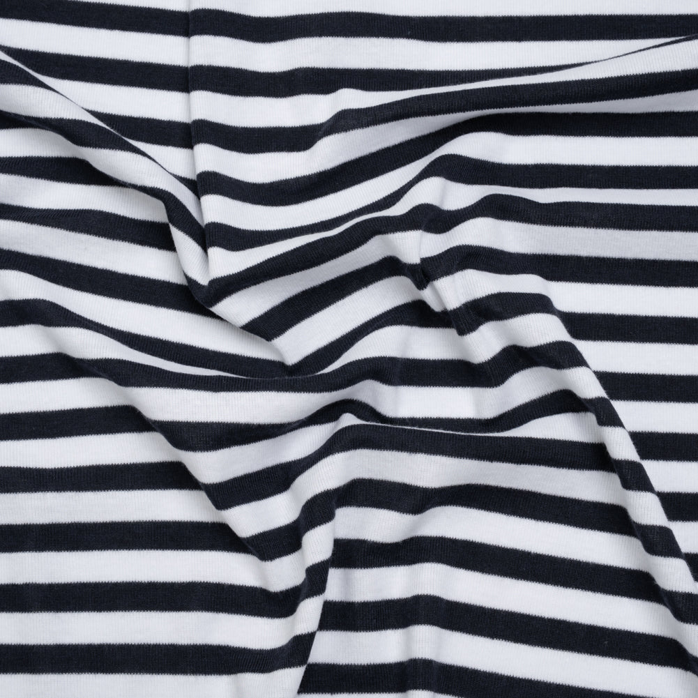 Cotton and Polyester 1x1 Rib Knit - Navy Blue and White Stripes - Deadstock