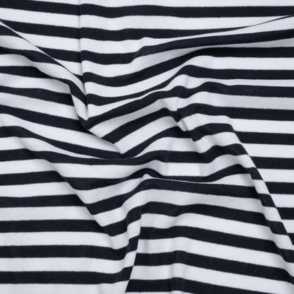 Cotton and Polyester 1x1 Rib Knit - Navy Blue and White Stripes - Deadstock