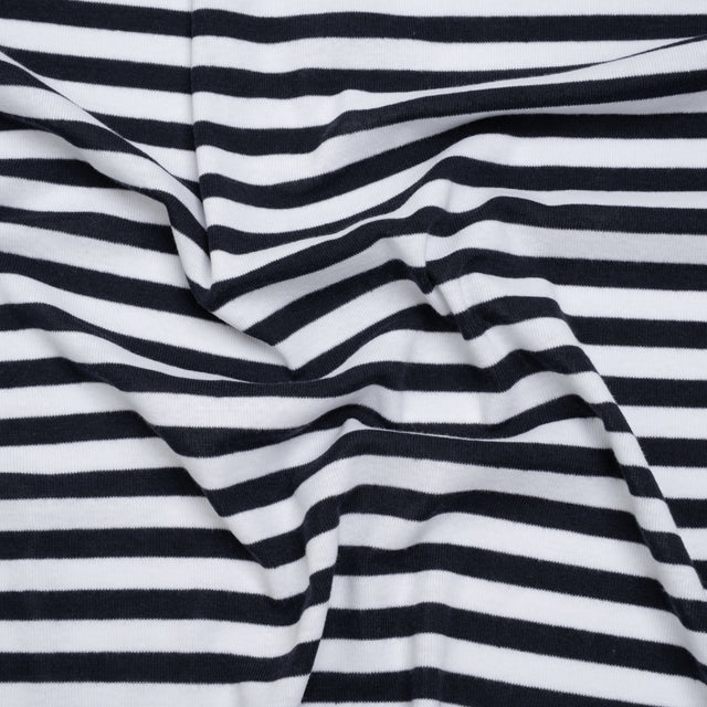 Cotton and Polyester 1x1 Rib Knit - Navy Blue and White Stripes - Deadstock