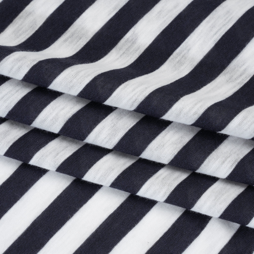 Lightweight Cotton and Polyester Jersey - Navy Blue and White Stripes - Deadstock Folded