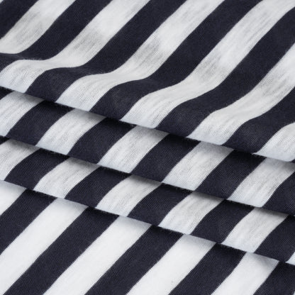 Lightweight Cotton and Polyester Jersey - Navy Blue and White Stripes - Deadstock Folded