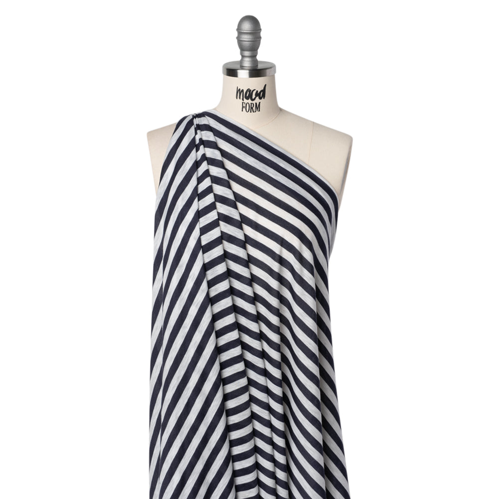 Lightweight Cotton and Polyester Jersey - Navy Blue and White Stripes - Deadstock Drape