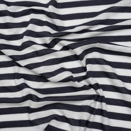 Lightweight Cotton and Polyester Jersey - Navy Blue and White Stripes - Deadstock