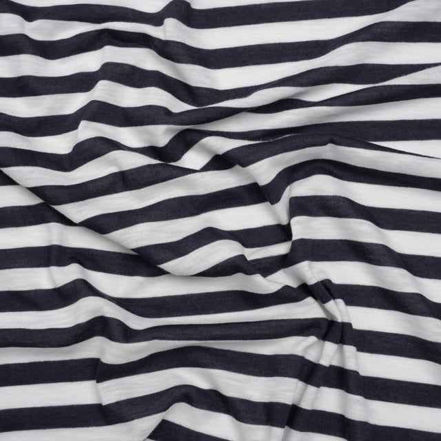 Lightweight Cotton and Polyester Jersey - Navy Blue and White Stripes - Deadstock