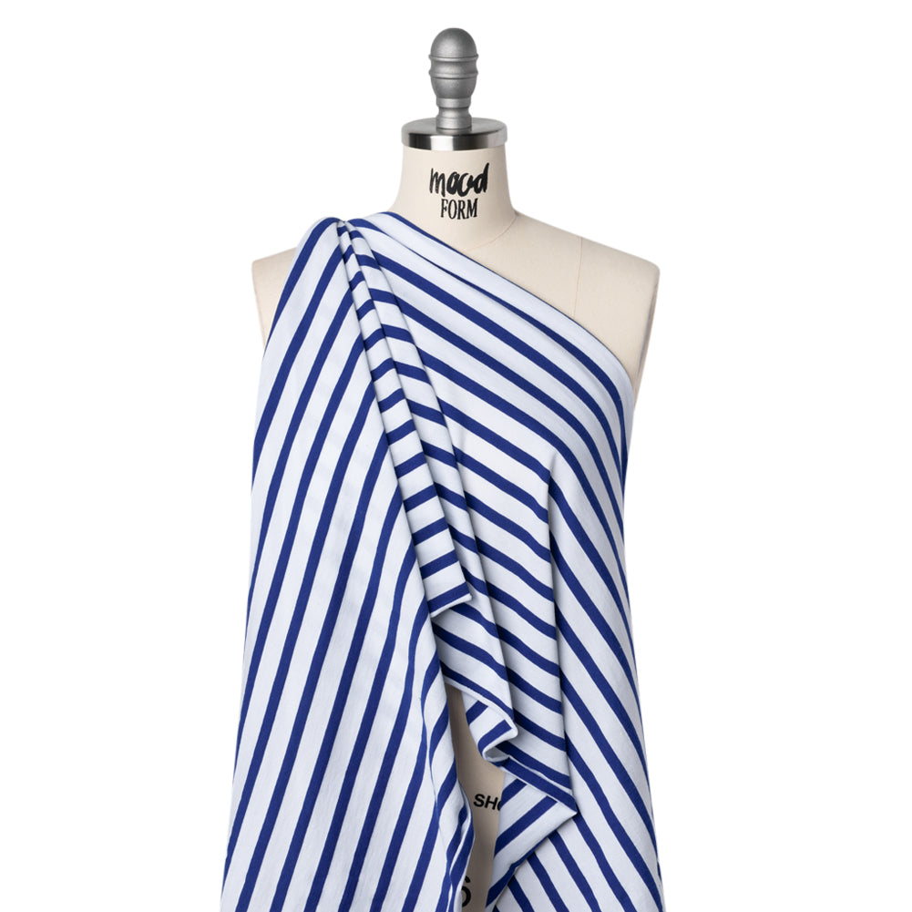 Cotton and Polyester Jersey - Blue and White Stripes - Deadstock Drape