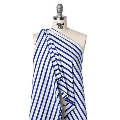 Cotton and Polyester Jersey - Blue and White Stripes - Deadstock Drape
