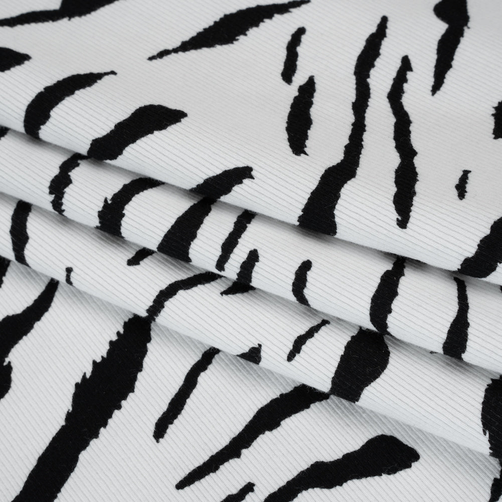 Stretch Cotton 2x2 Rib Knit Print - Black and White Zebra Stripes - Deadstock - Folded