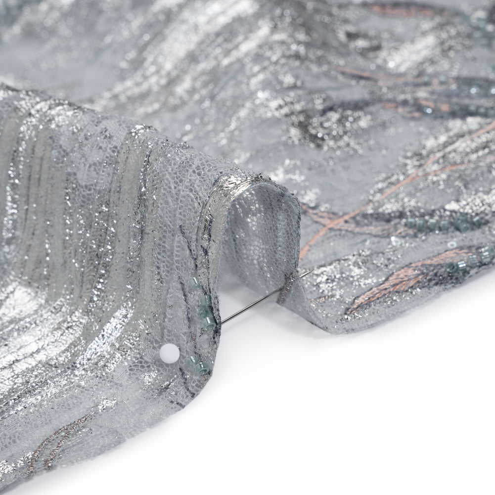 Metallic Foiled Plisse Lace with Embroidery and Beading on Tulle Backing - Light Blue, Silver, and Pale Pink Flowering Branches Detail