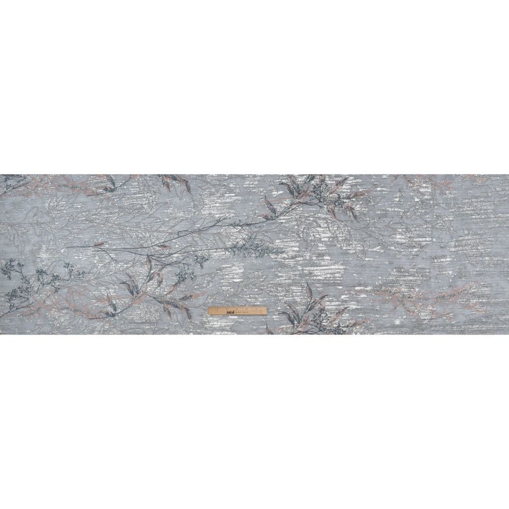Metallic Foiled Plisse Lace with Embroidery and Beading on Tulle Backing - Light Blue, Silver, and Pale Pink Flowering Branches - Full