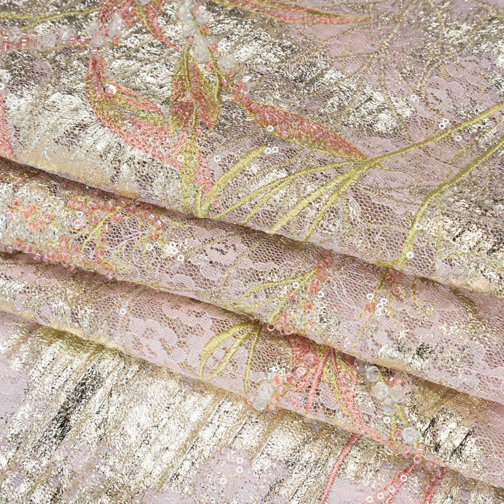 Metallic Foiled Plisse Lace with Embroidery and Beading on Tulle Backing - Light Pink and Gold Flowering Branches Folded