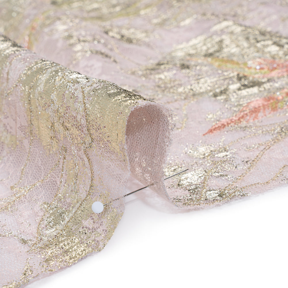 Metallic Foiled Plisse Lace with Embroidery and Beading on Tulle Backing - Light Pink and Gold Flowering Branches Detail
