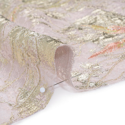 Metallic Foiled Plisse Lace with Embroidery and Beading on Tulle Backing - Light Pink and Gold Flowering Branches Detail