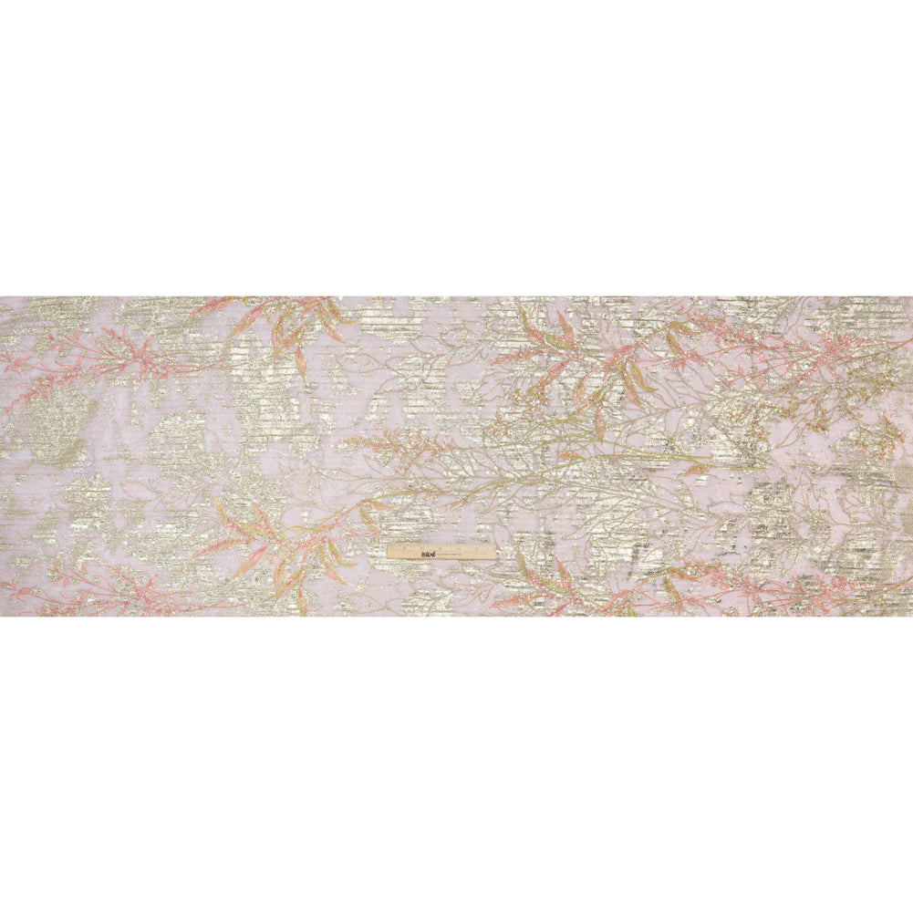 Metallic Foiled Plisse Lace with Embroidery and Beading on Tulle Backing - Light Pink and Gold Flowering Branches - Full