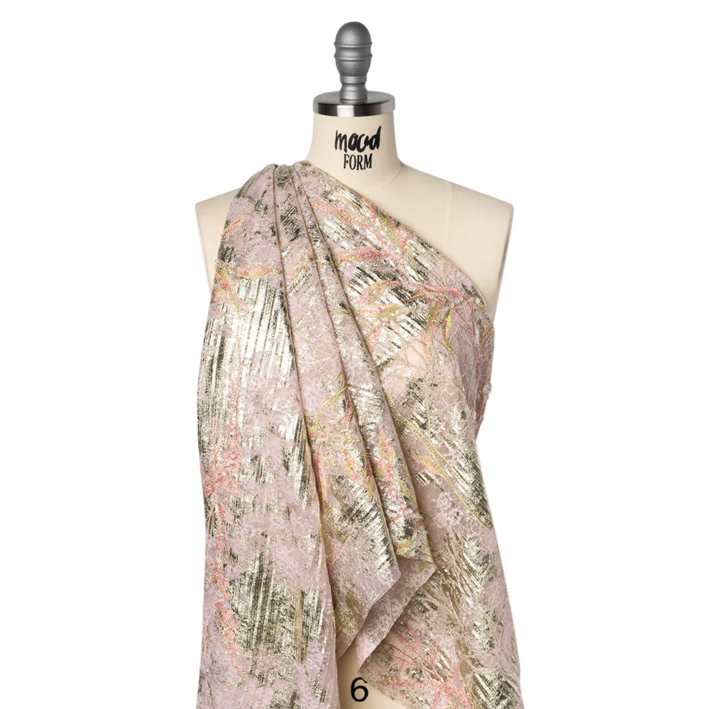 Metallic Foiled Plisse Lace with Embroidery and Beading on Tulle Backing - Light Pink and Gold Flowering Branches Drape
