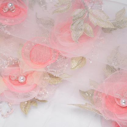 Embroidered and Beaded Tulle with 3D Fabric and Ribbon Flowers - Pink, Silver and Green Floral Folded
