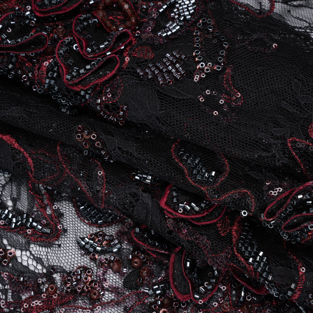 Embroidered and Beaded Chantilly Lace with 3D Fabric Flowers - Black and Dark Red Floral Folded