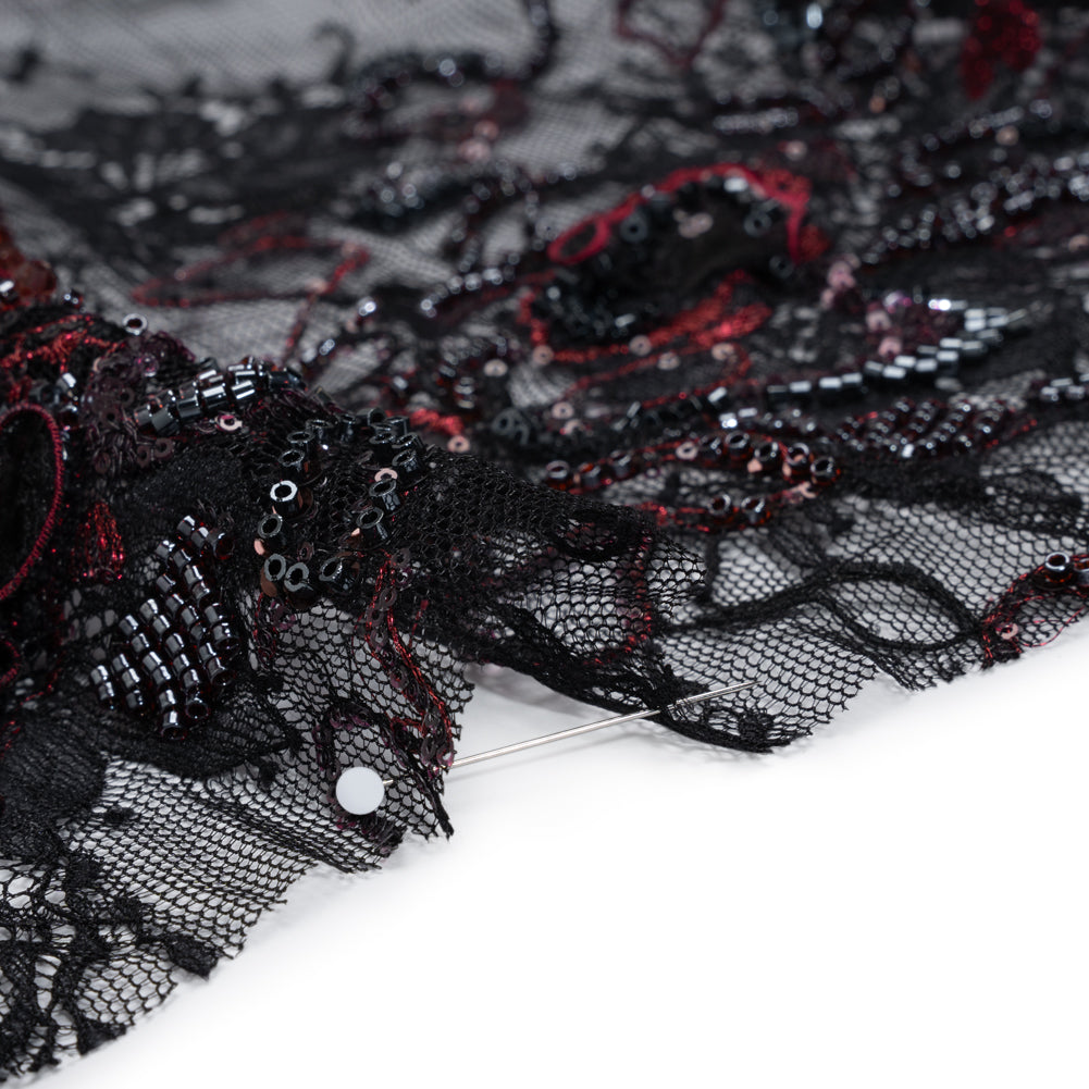 Embroidered and Beaded Chantilly Lace with 3D Fabric Flowers - Black and Dark Red Floral Detail