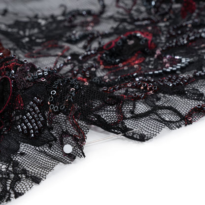 Embroidered and Beaded Chantilly Lace with 3D Fabric Flowers - Black and Dark Red Floral Detail