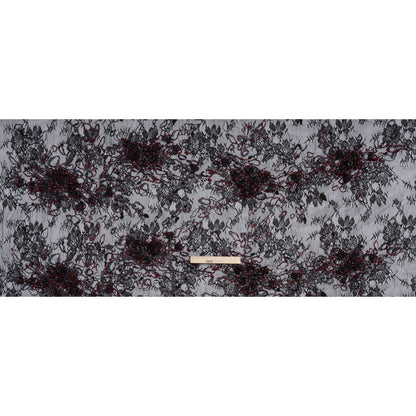 Embroidered and Beaded Chantilly Lace with 3D Fabric Flowers - Black and Dark Red Floral - Full