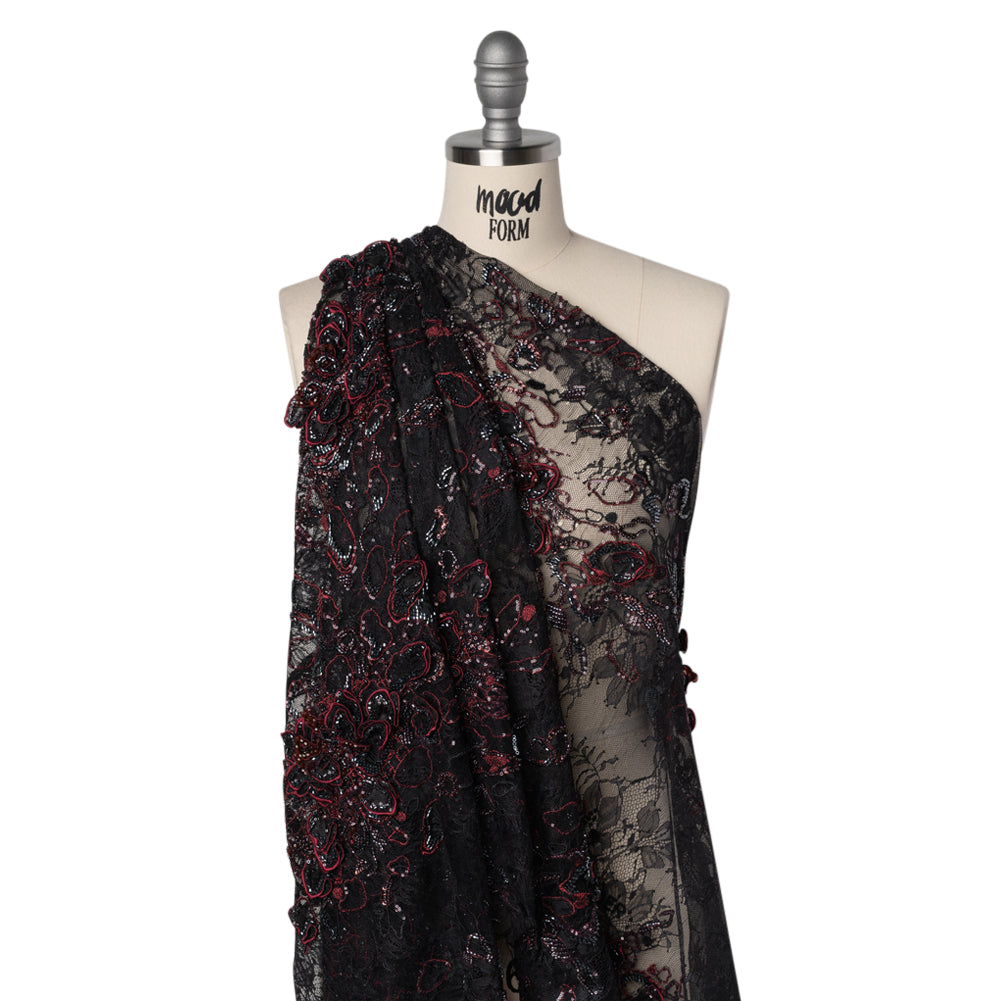 Embroidered and Beaded Chantilly Lace with 3D Fabric Flowers - Black and Dark Red Floral Drape