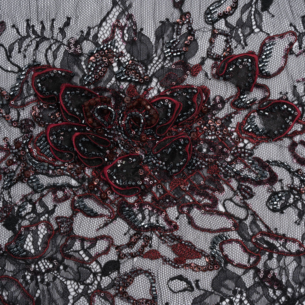 Embroidered and Beaded Chantilly Lace with 3D Fabric Flowers - Black and Dark Red Floral