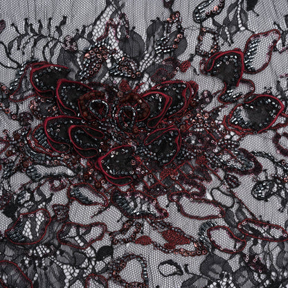 Embroidered and Beaded Chantilly Lace with 3D Fabric Flowers - Black and Dark Red Floral