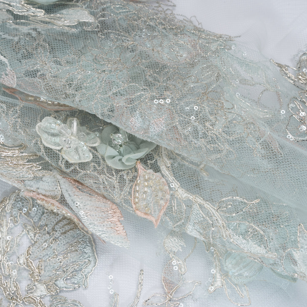 Embroidered and Beaded Tulle Panel with 3D Fabric Flowers - Light Blue, Seafoam and Silver Roses Folded
