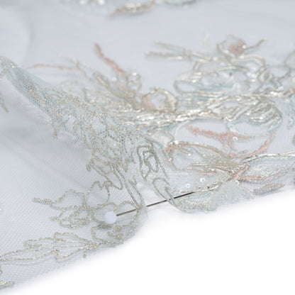 Embroidered and Beaded Tulle Panel with 3D Fabric Flowers - Light Blue, Seafoam and Silver Roses Detail