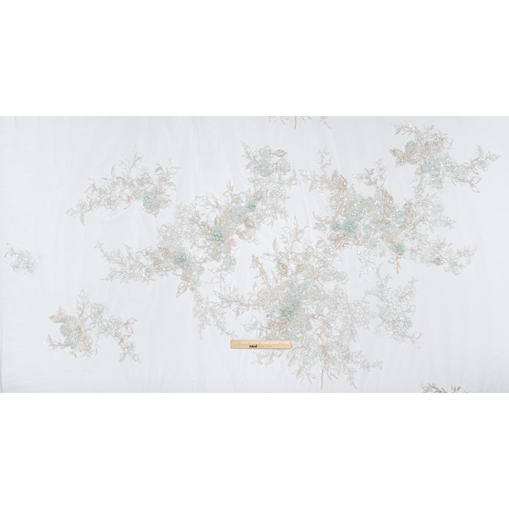 Embroidered and Beaded Tulle Panel with 3D Fabric Flowers - Light Blue, Seafoam and Silver Roses - Full