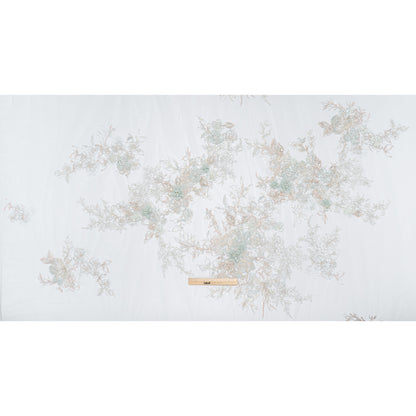 Embroidered and Beaded Tulle Panel with 3D Fabric Flowers - Light Blue, Seafoam and Silver Roses - Full