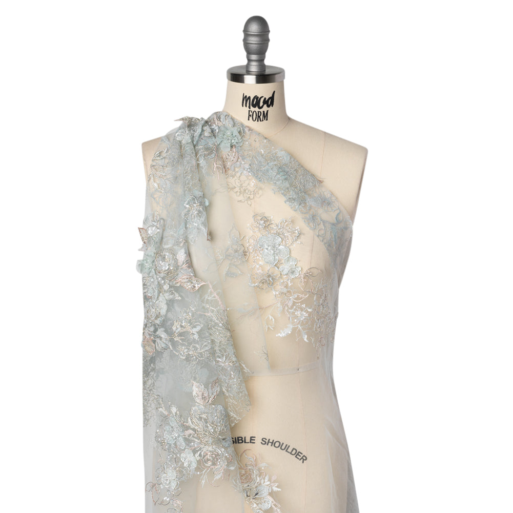 Embroidered and Beaded Tulle Panel with 3D Fabric Flowers - Light Blue, Seafoam and Silver Roses Drape
