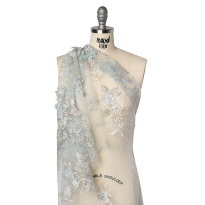 Embroidered and Beaded Tulle Panel with 3D Fabric Flowers - Light Blue, Seafoam and Silver Roses Drape