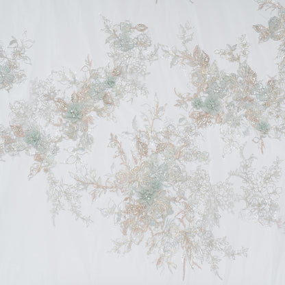 Embroidered and Beaded Tulle Panel with 3D Fabric Flowers - Light Blue, Seafoam and Silver Roses