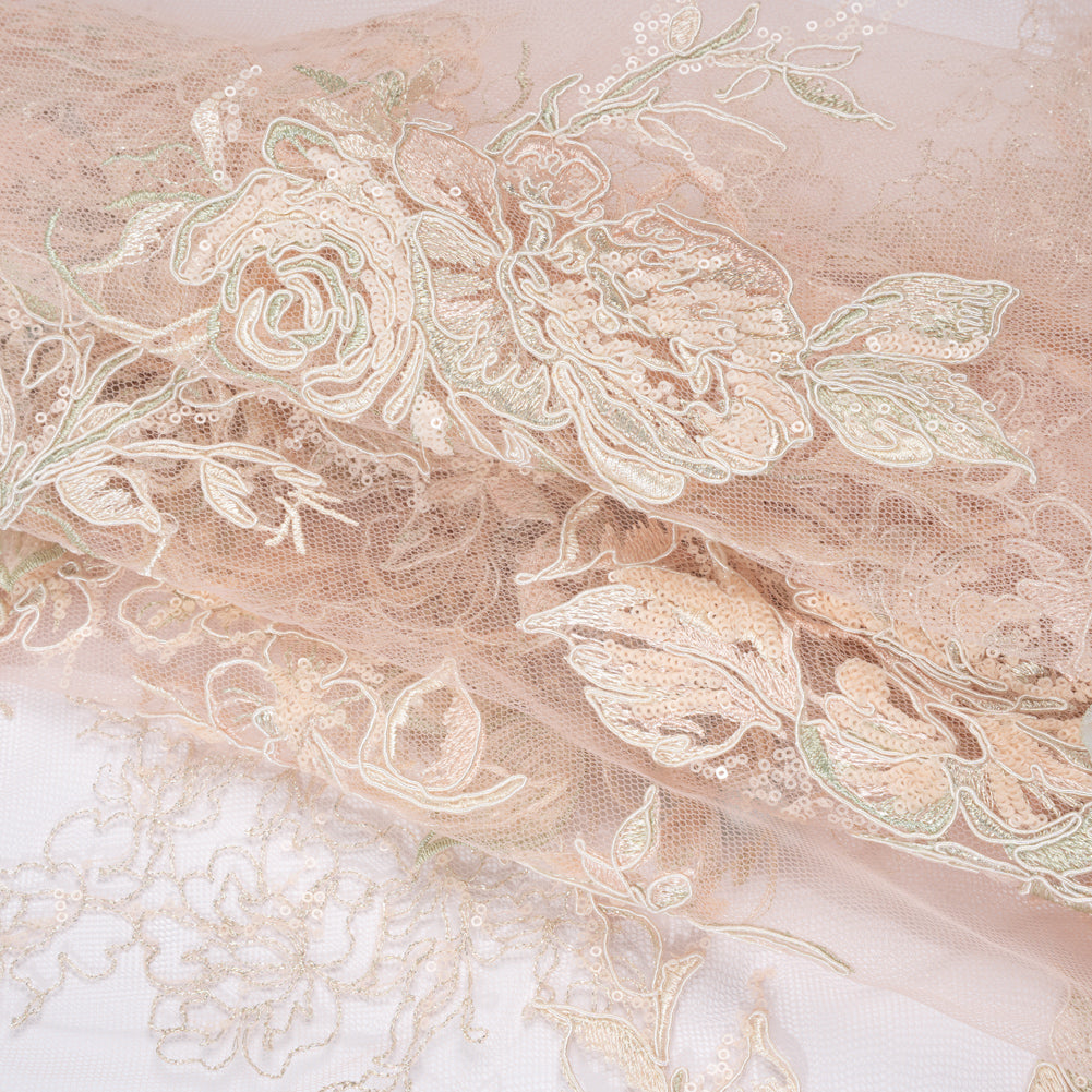 Embroidered and Beaded Tulle Panel with 3D Fabric Flowers - Peach, Light Blue and Silver Roses Folded