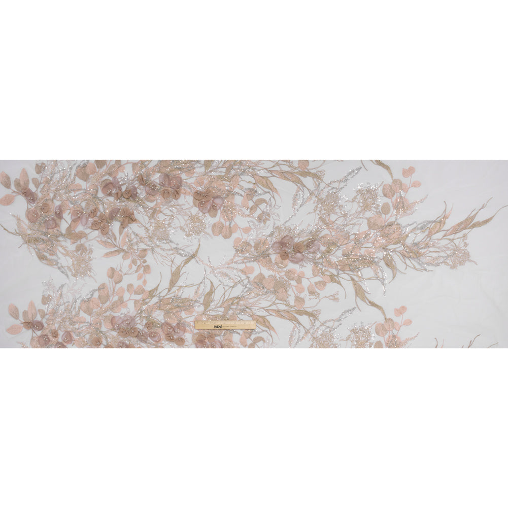Embroidered and Beaded Tulle with 3D Fabric Flowers - Dark Beige, Pink and Pale Blue Fanciful Leaves and Florals - Full