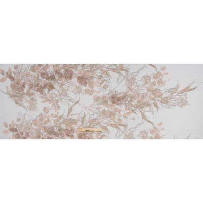 Embroidered and Beaded Tulle with 3D Fabric Flowers - Dark Beige, Pink and Pale Blue Fanciful Leaves and Florals - Full