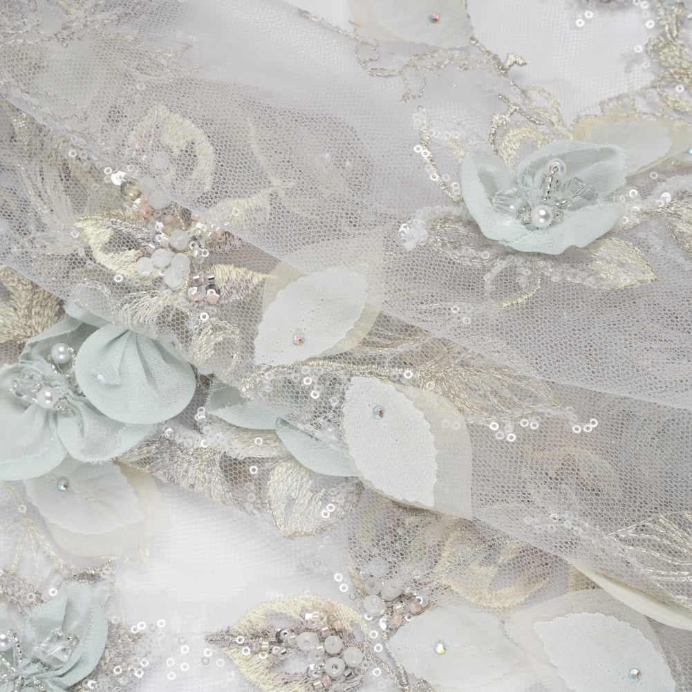Embroidered and Beaded Tulle with 3D Fabric Flowers - Light Gray, Seafoam and Cream Leafy Arrangements Folded