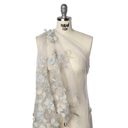 Embroidered and Beaded Tulle with 3D Fabric Flowers - Light Gray, Seafoam and Cream Leafy Arrangements Drape