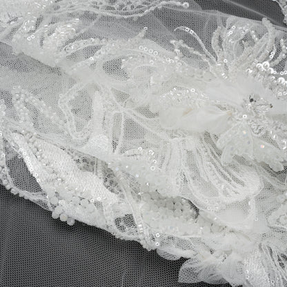 Embroidered and Beaded Bridal Tulle with 3D Fabric Flowers - Off White Fancy Florals Folded