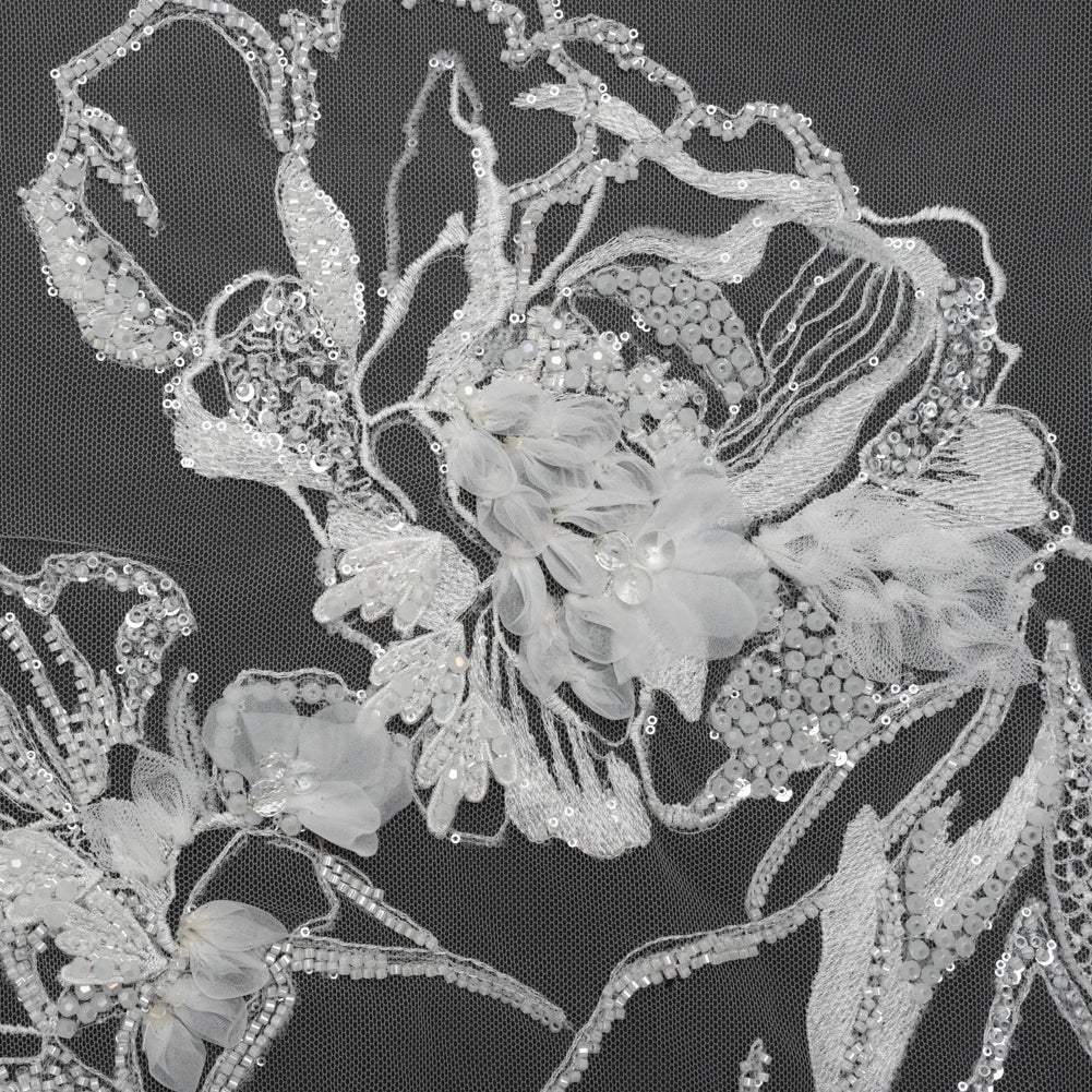 Embroidered and Beaded Bridal Tulle with 3D Fabric Flowers - Off White Fancy Florals