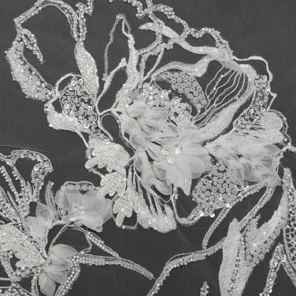 Embroidered and Beaded Bridal Tulle with 3D Fabric Flowers - Off White Fancy Florals