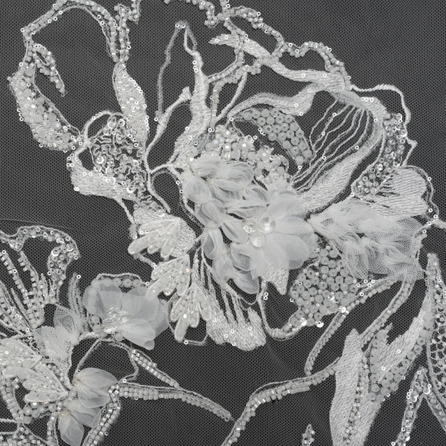 Embroidered and Beaded Bridal Tulle with 3D Fabric Flowers - Off White Fancy Florals