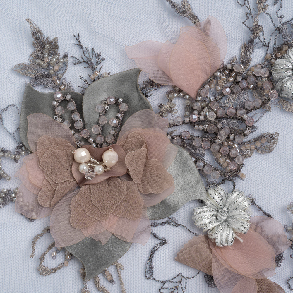 Embroidered and Beaded Bridal Tulle with 3D Velvet and Chiffon Fabric Flowers - Blue and Mauve Elegant Floral Arrangements