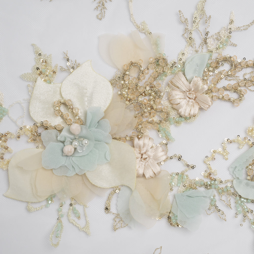 Embroidered and Beaded Tulle with 3D Fabric Flowers - Light Lemon, Cream and Pale Blue Floral