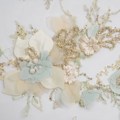 Embroidered and Beaded Tulle with 3D Fabric Flowers - Light Lemon, Cream and Pale Blue Floral