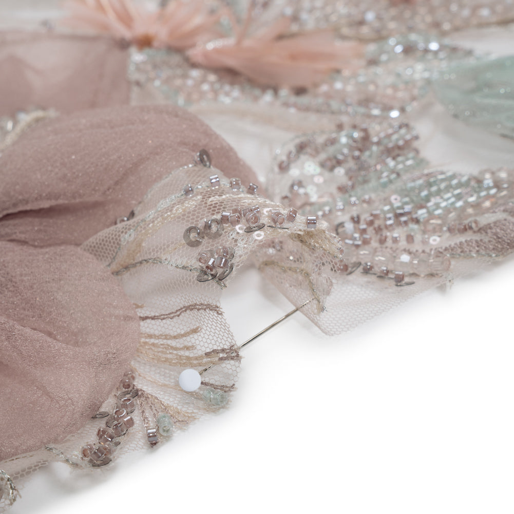 Embroidered and Beaded Tulle with 3D Applique Fabric Flowers - Taupe, Mauve, Mint and Pink Big Flowers Detail