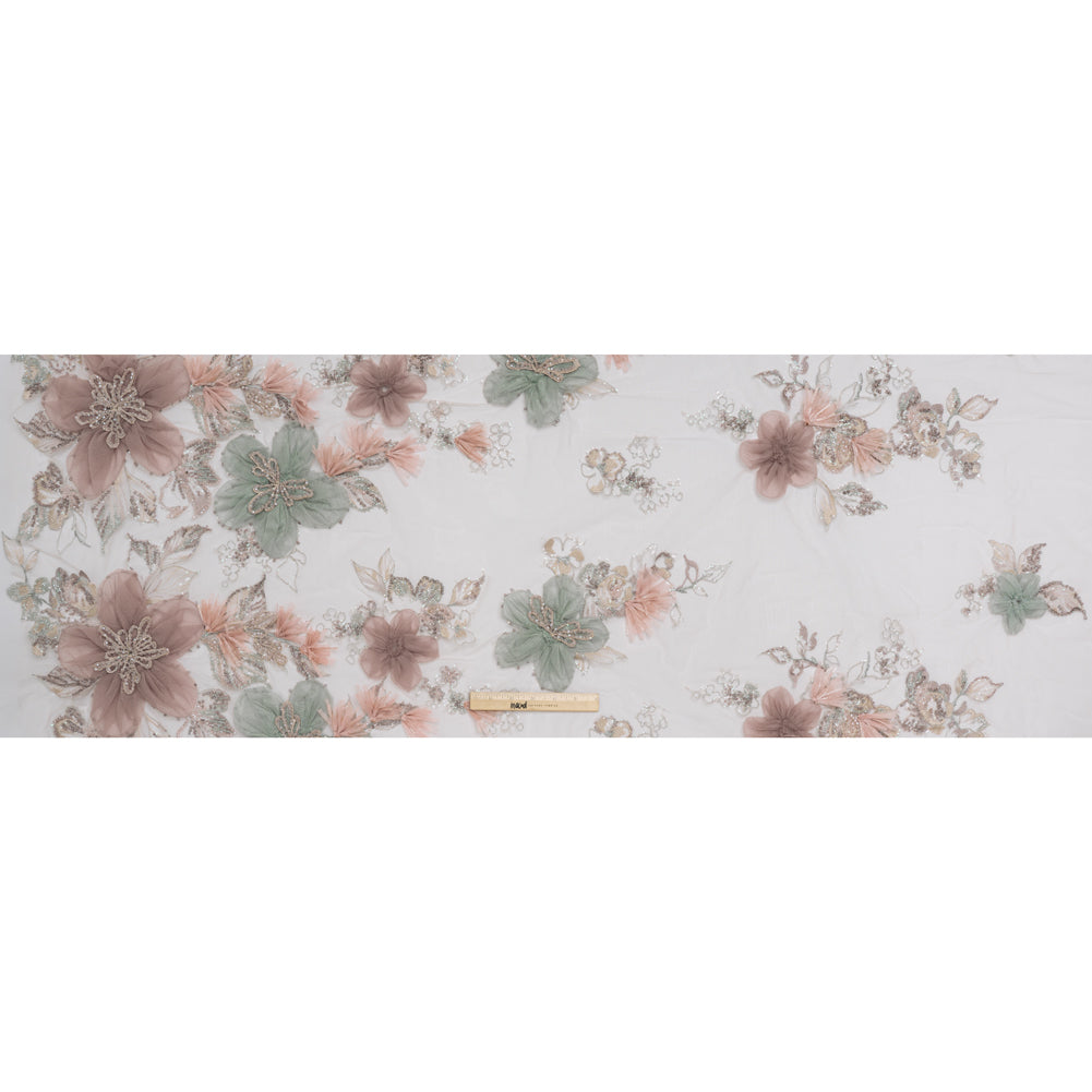 Embroidered and Beaded Tulle with 3D Applique Fabric Flowers - Taupe, Mauve, Mint and Pink Big Flowers - Full