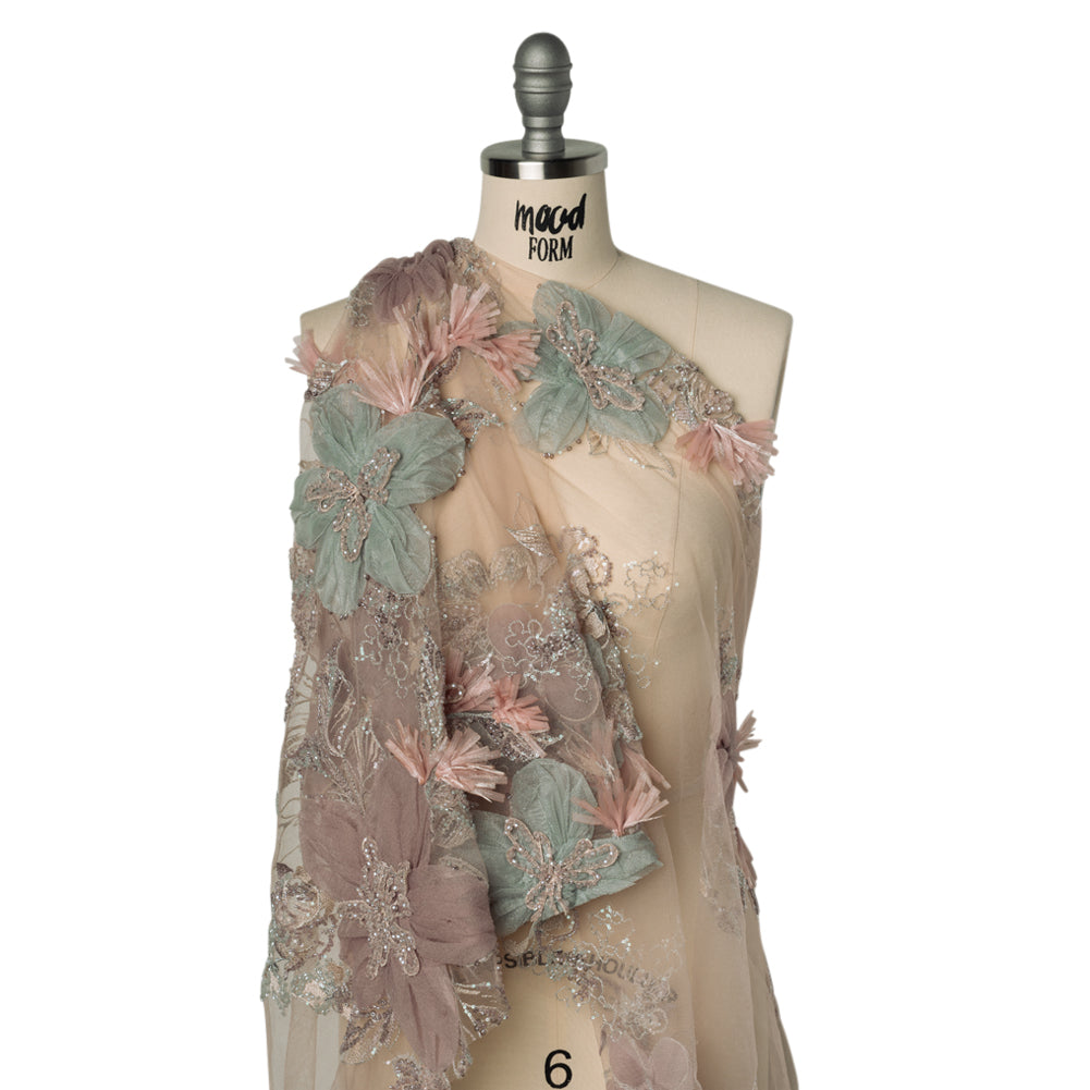 Embroidered and Beaded Tulle with 3D Applique Fabric Flowers - Taupe, Mauve, Mint and Pink Big Flowers Drape
