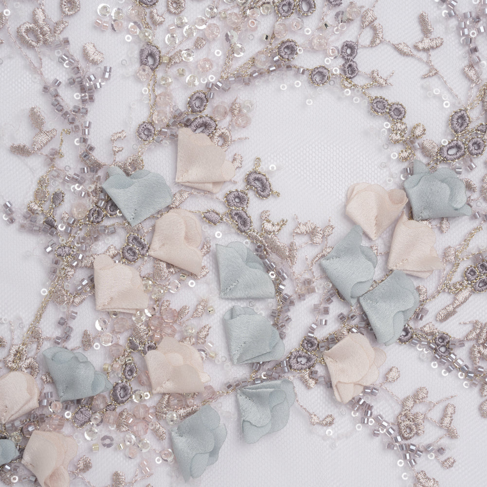 Embroidered and Beaded Tulle with 3D Satin Flowers - Lilac, Cream and Light Blue Floral Sprigs